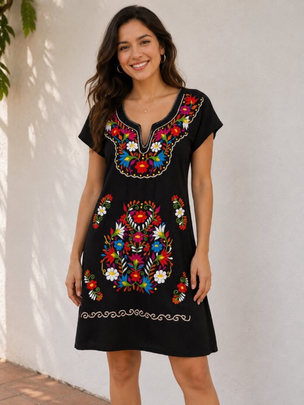 Embroidered Dress Black Colorful Floral Cotton Oaxaca Boho Folk Medium